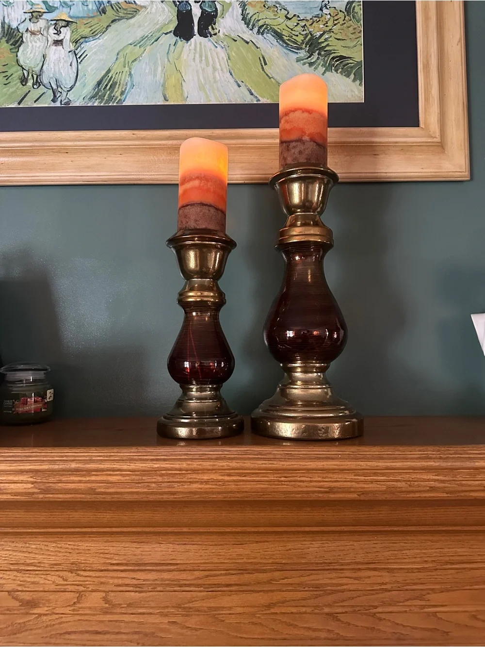 Brass and Amber Glass Candle Holders with Brown Gradient Pillar LED Candles